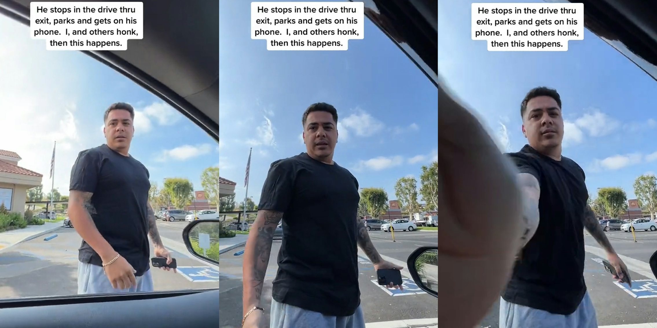 man standing outside of car in drive-thru caption 'He stops in the drive thru exit, parks and gets on his phone, I, and others honk, then this happens.' () man standing outside of car in drive-thru speaking caption 'He stops in the drive thru exit, parks and gets on his phone, I, and others honk, then this happens.' (c)man standing outside of car in drive-thru smacking phone out of hand caption 'He stops in the drive thru exit, parks and gets on his phone, I, and others honk, then this happens.' (r)