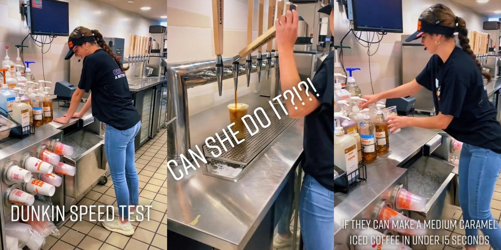 Dunkin worker hands on table caption "DUNKIN SPEED TEST" (l) Dunkin worker using pump in coffee caption "CAN SHE DO IT?!?!" (c) Dunkin worker pumping flavor into coffee caption "IF THEY CAN MAKE A MEDIUM CARMEL ICED COFFEE IN UNDER 15 SECONDS" (r)