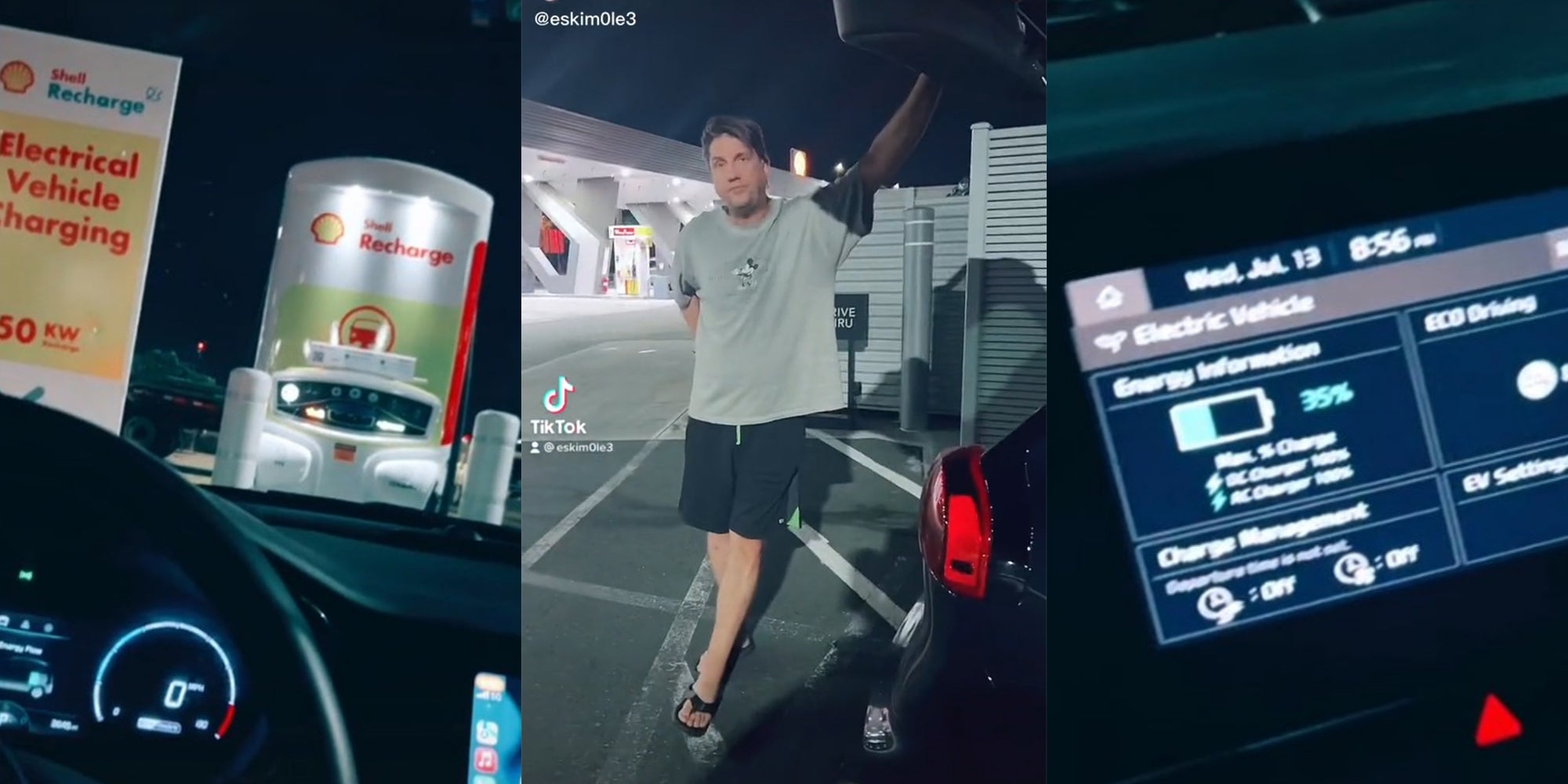 Shell electric recharging station (l) man holding on to car trunk (c) Electric Vehicle energy information screen with battery at 35% (r)