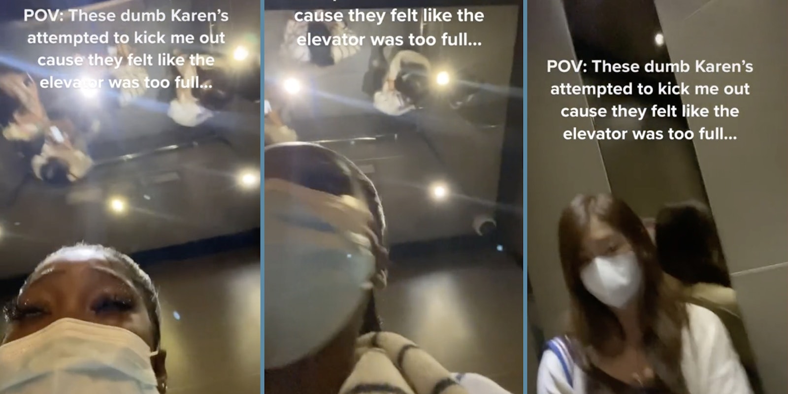 woman standing in elevator in altercation with 3 other woman, camera is pointed up to show reflection of other women on the ceiling