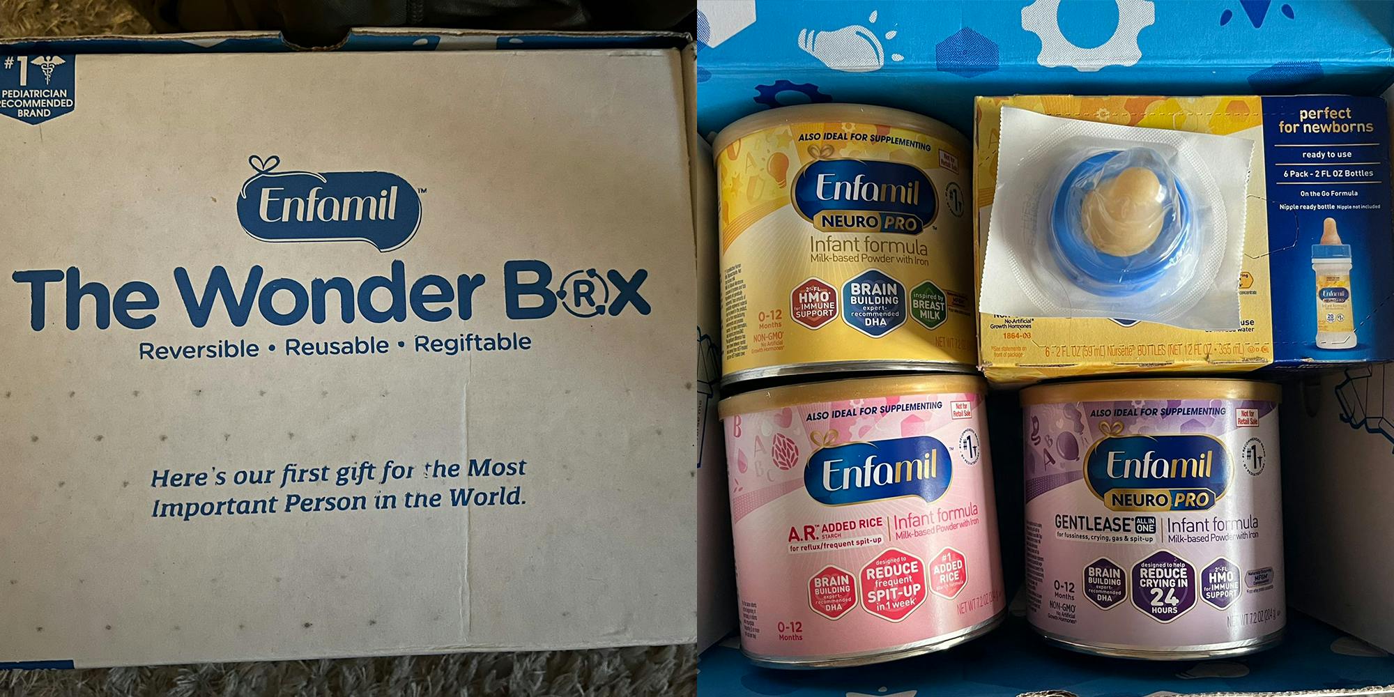 Carboard box with "Enfamil The Wonder Box - Reversible - Reusable - Regiftable - Here's our first gift for the Most Important Person in the World." (l) Enfamil formula and bottle nipple inside box (r)