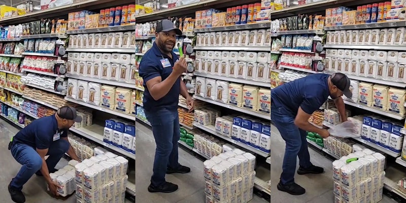 HEB employee grabbing multiple sugar bags in row at once (l) HEB employee holding up utility knife speaking (c) HEB worker pulling plastic off of unit of sugar bags (r)