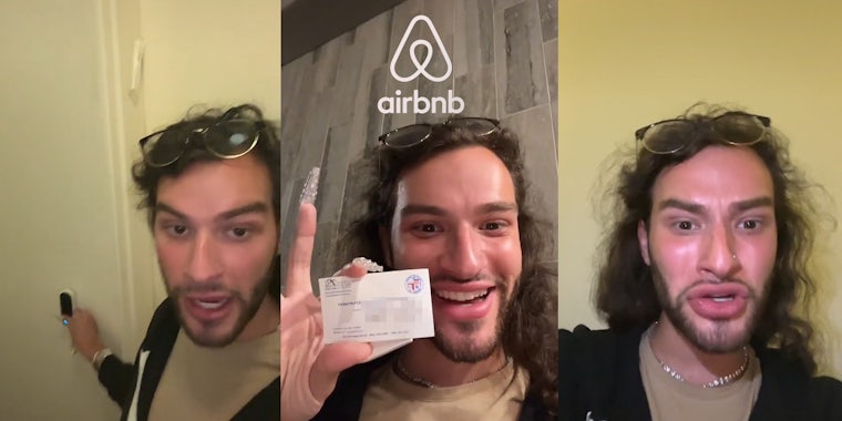 person ringing Airbnb doorbell (l) person holding card with number blurred on it and Airbnb logo above head (c) person upset speaking (r)
