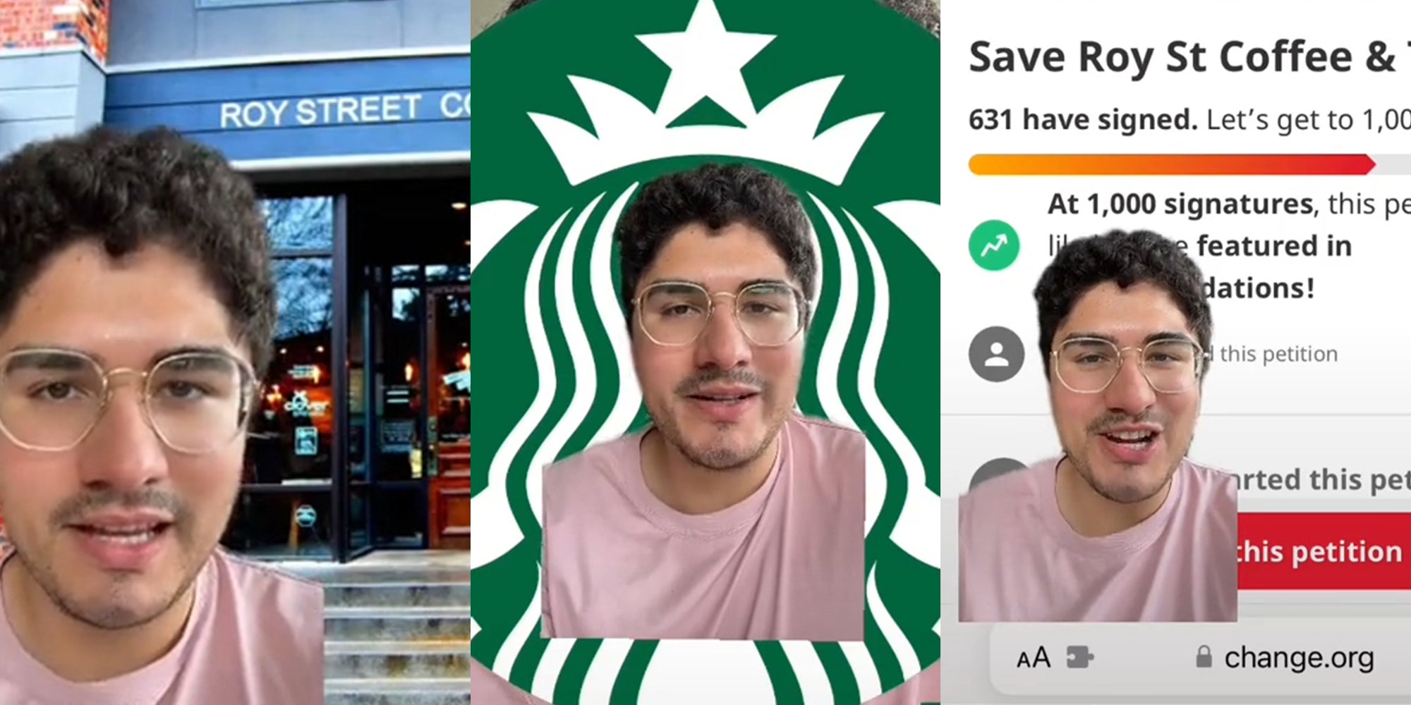 man with "Roy Street Coffee" in background (l) man with Starbucks logo (c) man with "Save Roy St Coffee & Tea" change.org petition" (r)