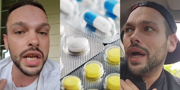 man speaking outside (l) medical pills on top of each other yellow white blue (c) man hand on collar bone looking left shocked expression speaking (r)