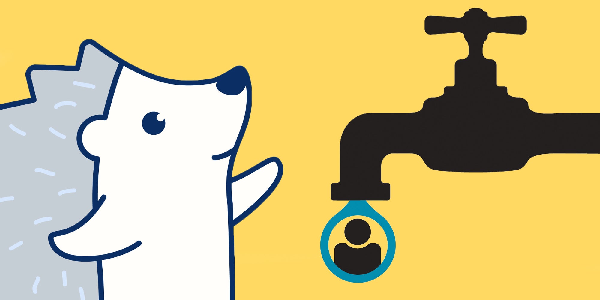 Feelyou hedgehog logo on left silhouette of water spout with blue drip surrounding profile silhouette on yellow background