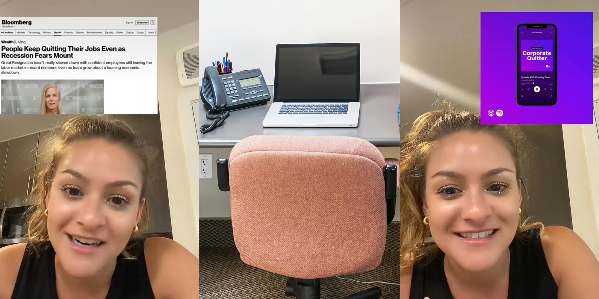 young woman in room with Bloomberg article inset (l) empty cubicle (c) young woman with "Corporate Quitter" app inset