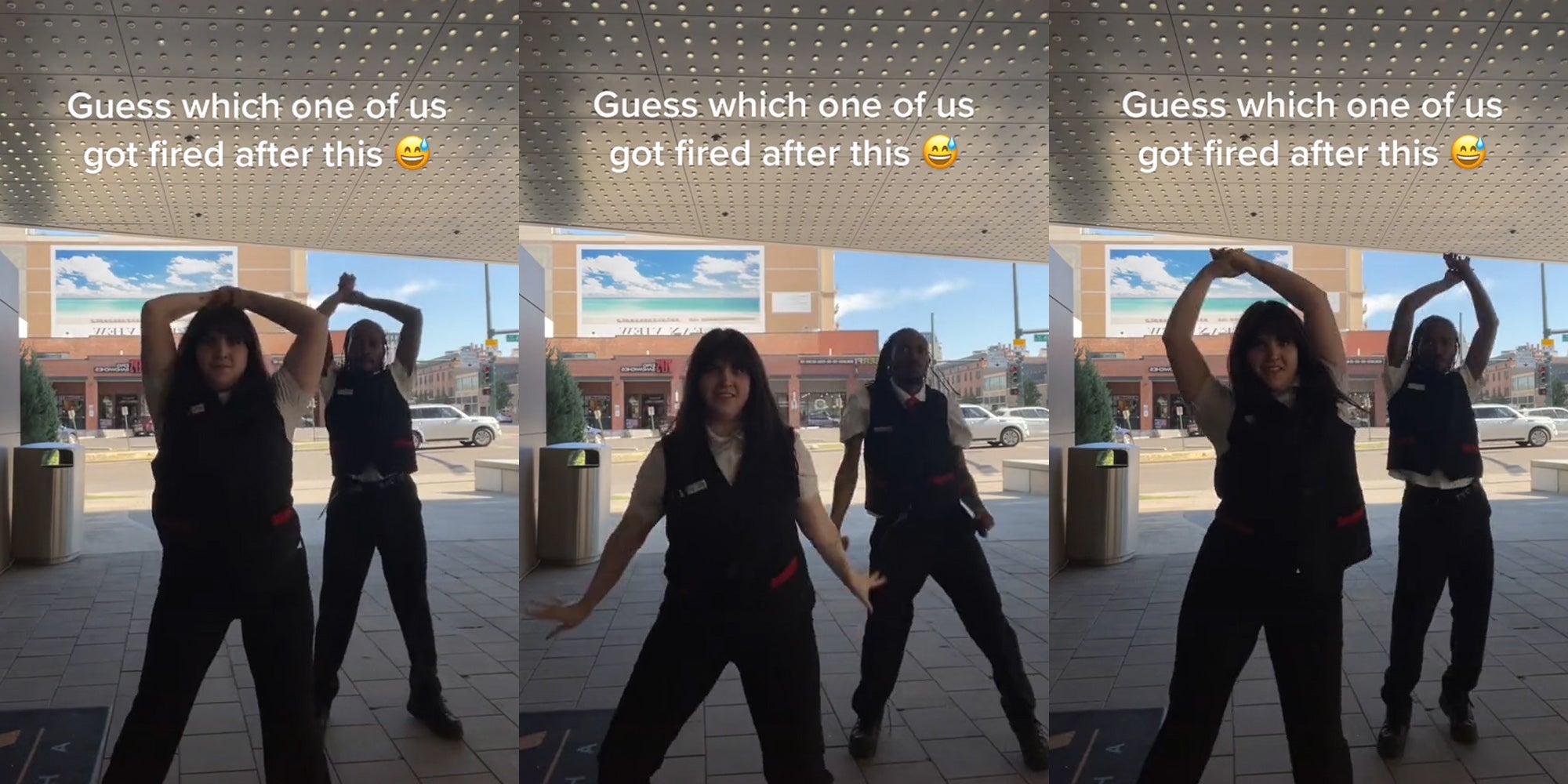 two workers dancing outside arms up caption "Guess which one of us got fired after this" (l) two workers dancing outside arms down caption "Guess which one of us got fired after this" (c) two workers dancing outside arms up caption "Guess which one of us got fired after this" (r)