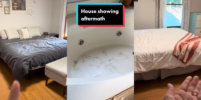 woman pointing finger to messed up bed and moved bench (l) white bathtub with mud inside caption "House showing aftermath" (c) woman hand out showing messed up bed (r)
