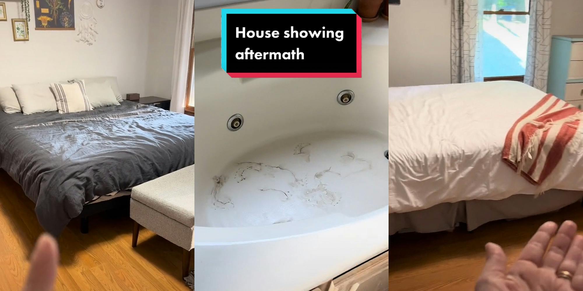 woman pointing finger to messed up bed and moved bench (l) white bathtub with mud inside caption "House showing aftermath" (c) woman hand out showing messed up bed (r)
