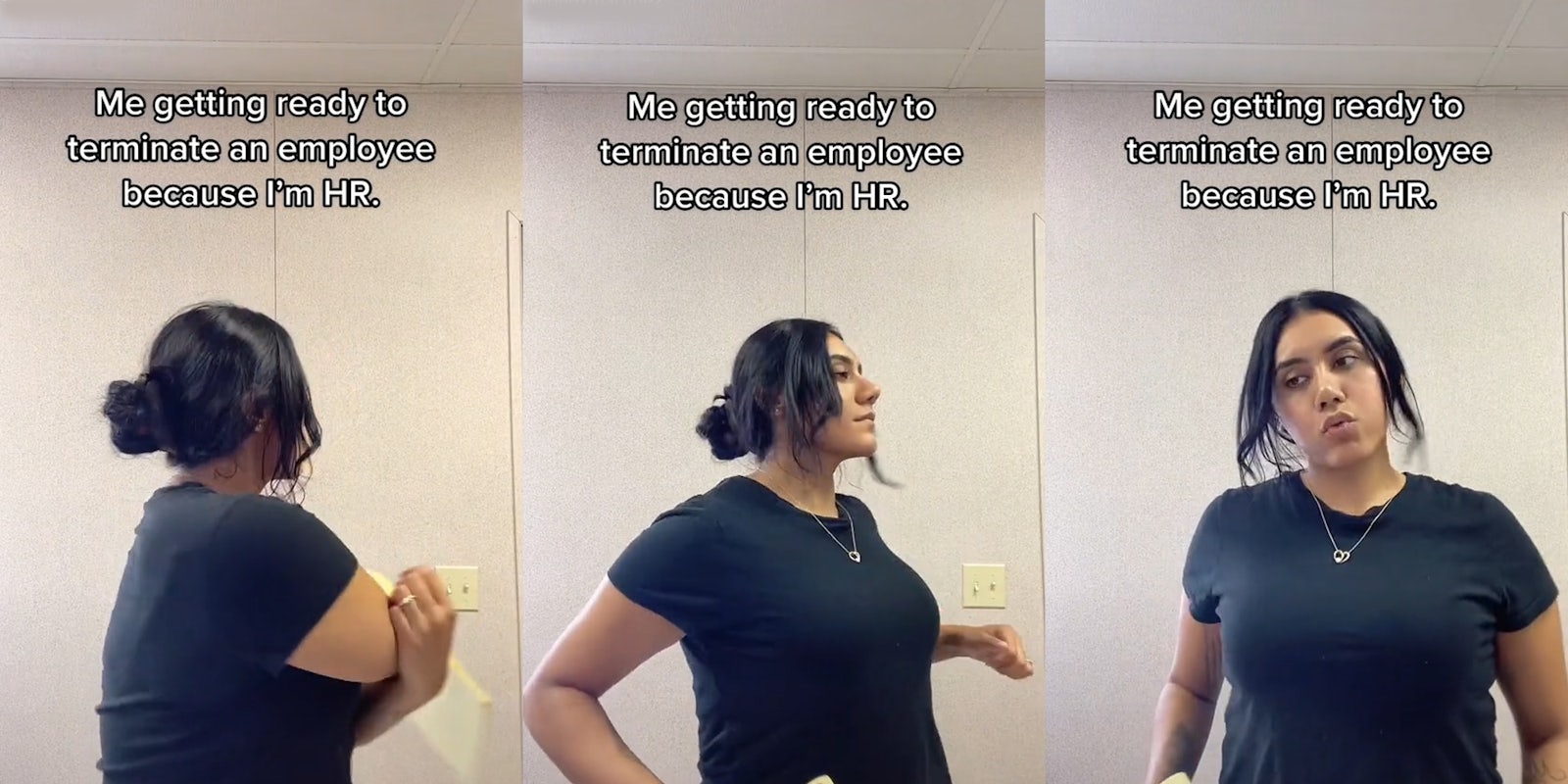 woman stretching arm to side caption 'Me getting ready to terminate an employee because I'm HR.' (l) woman in motion stretching and turning left caption 'Me getting ready to terminate an employee because I'm HR.' (c) woman arms back after stretching caption 'Me getting ready to terminate an employee because I'm HR.' (r)