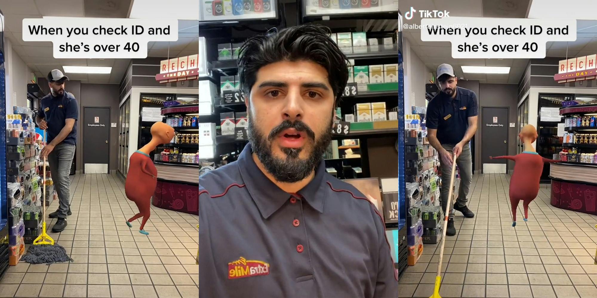 man mopping floor in store with dancing character and caption "when you check ID and she's over 40" (l&r) man in front of cigarette rack (c)