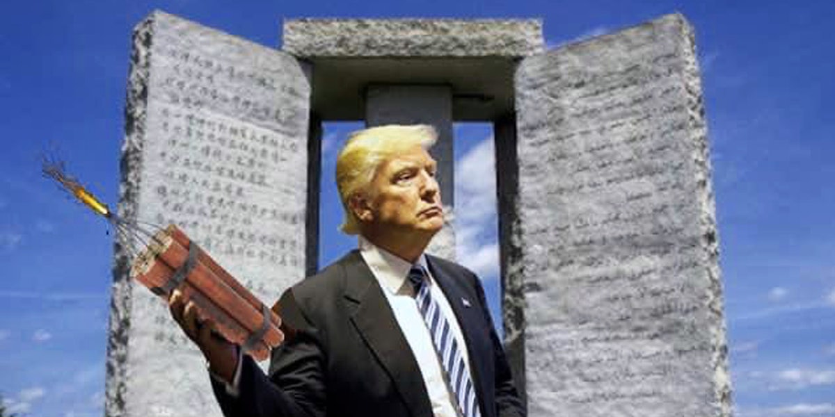 trump holding bomb lit in front of Georgia Guidestones blue sky background