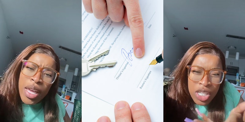 woman speaking on gray background (l) renter form with keys and hand pointing for renter to sign (c) woman speaking hand out confused expression (r)