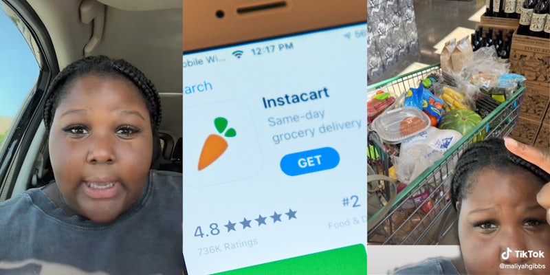 young woman in car with tears on her face (l) Instacart app on phone (c) young woman pointing to cart filled with groceries (r)