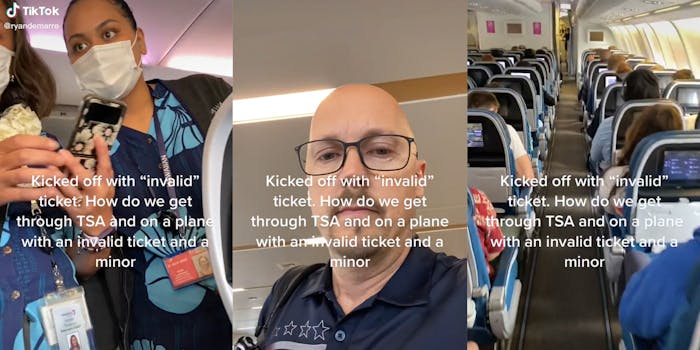 flight attendants (l) man in airport (c) aisle in airplane (r) all with caption "Kicked off with 'invalid' ticket. How do we get through TSA and on a place with an invalid ticket and a minor"