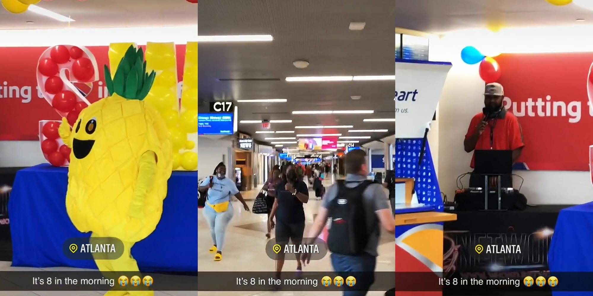 hired person dancing in pineapple costume caption "ATLANTA It's 8 in the morning" (l) people walking in airport caption "ATLANTA It's 8 in the morning" (c) hired DJ preforming at airport caption "ATLANTA It's 8 in the morning" (r)