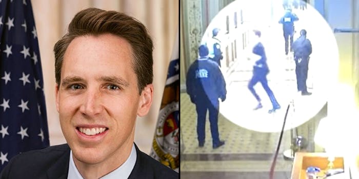 Senator Josh Hawley (l) Senator Josh Hawley running with officers around (r)