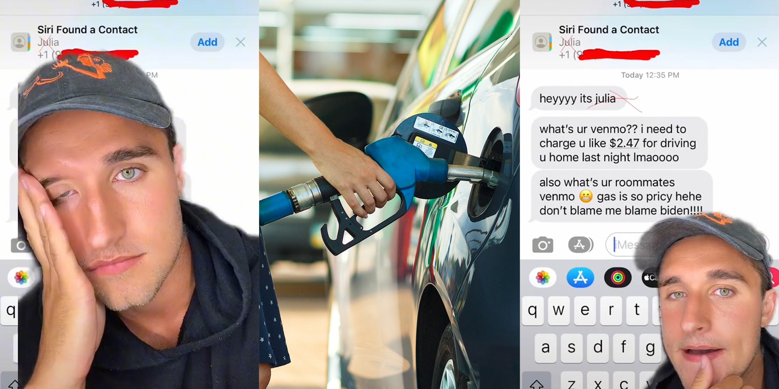 man in front of text message on phone (l&r) hand pumping gas into car (c)