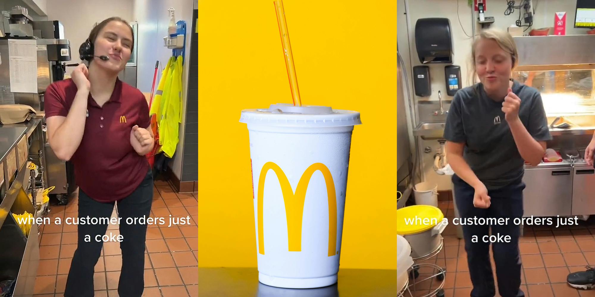 McDonald's worker dancing caption "when a customer orders just a coke" (l) McDonald's drink on yellow background (c) McDonald's worker dancing caption "when a customer orders just a coke" (r)
