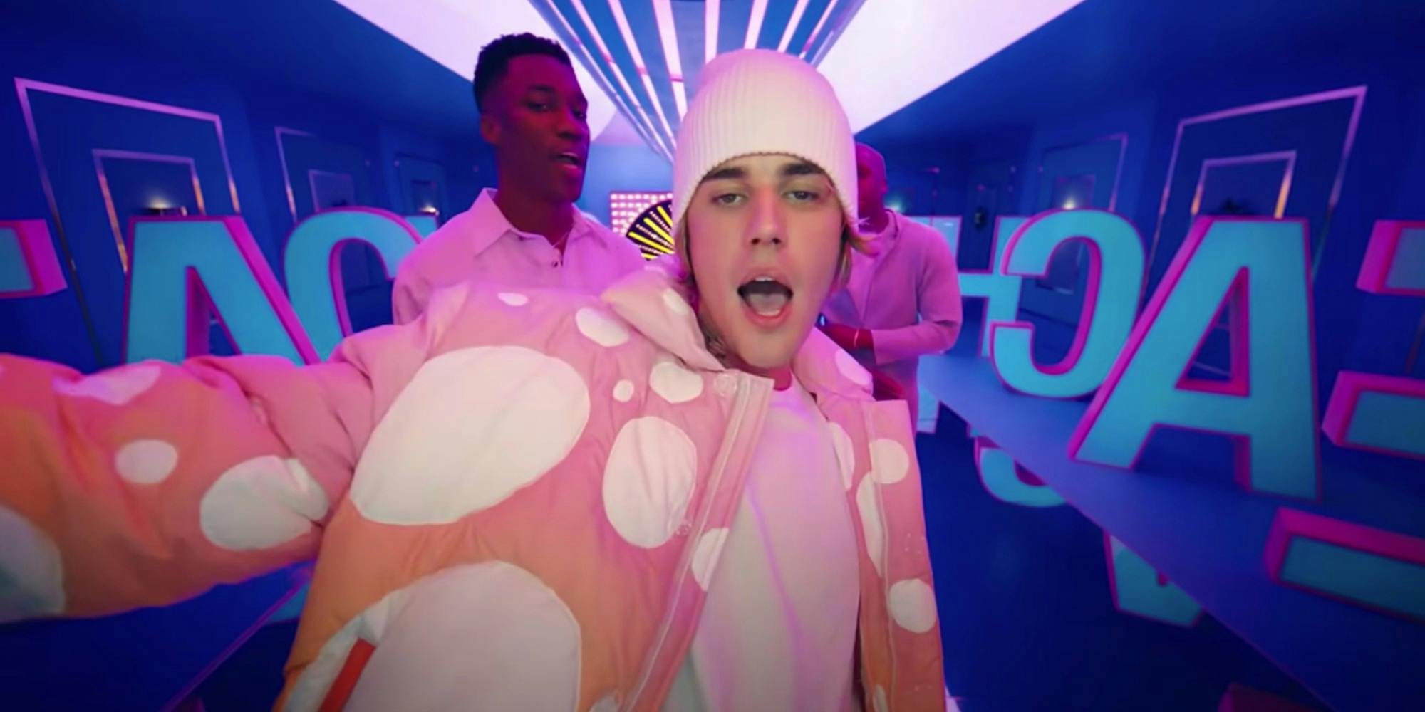 Justin Bieber singing in a music video