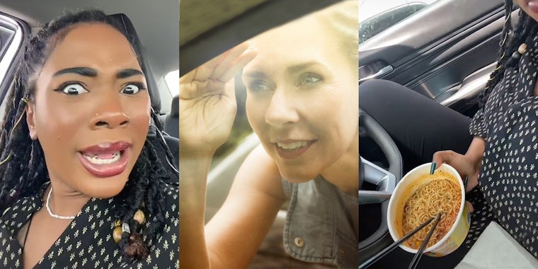 woman speaking in car shocked expression (l) woman peeking into car window hand on car (c) woman holding bowl of ramen in car (r)