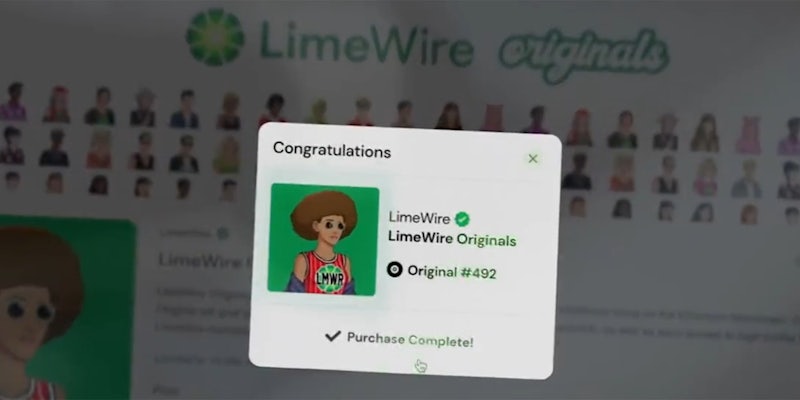 LimeWire originals screen showing purchase of NFT