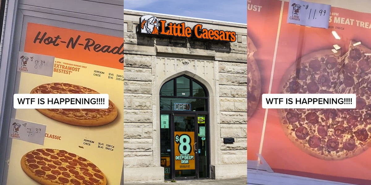 Little Caesars drive thru menu with paper price changes caption 'WTF IS HAPPENING!!!!' (l) Little Caesars building with sign (c) Little Caesars drive thru menu with paper price changes caption 'WTF IS HAPPENING!!!!' (r)