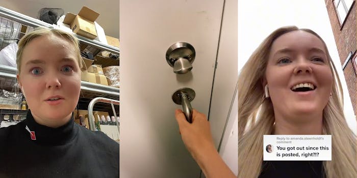 worker speaking while locked in back room (l) worker hand on door handle (c) worker outside of work caption "You got out since this is posted, right?!?" (r)