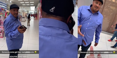 man at mall holding phone out caption 'Someone come get they nasty blank uncle' (L) man holding phone up to ear screen shows recording (c) man in mall hand out other man pointing finger caption 'Someone come get they nasty blank uncle' (r)