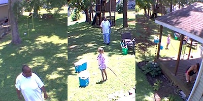 stranger in yard speaking (l) little girl holding hose in yard man walking towards her (c) woman on porch daughter holding hose near hear (r)