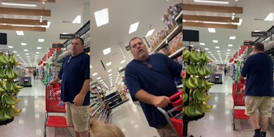 man holding shopping cart at Target turned around speaking (l) Man pushing shopping cart at Target speaking (c) man pushing cart at Target turned around walking away (r)