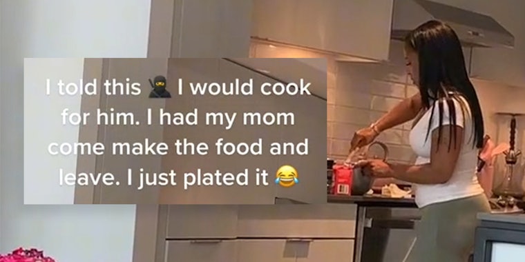woman cooking in kitchen with inset caption 'I told this ninja I would cook for him. I had my mom come make the food and leave. I just plated it.'