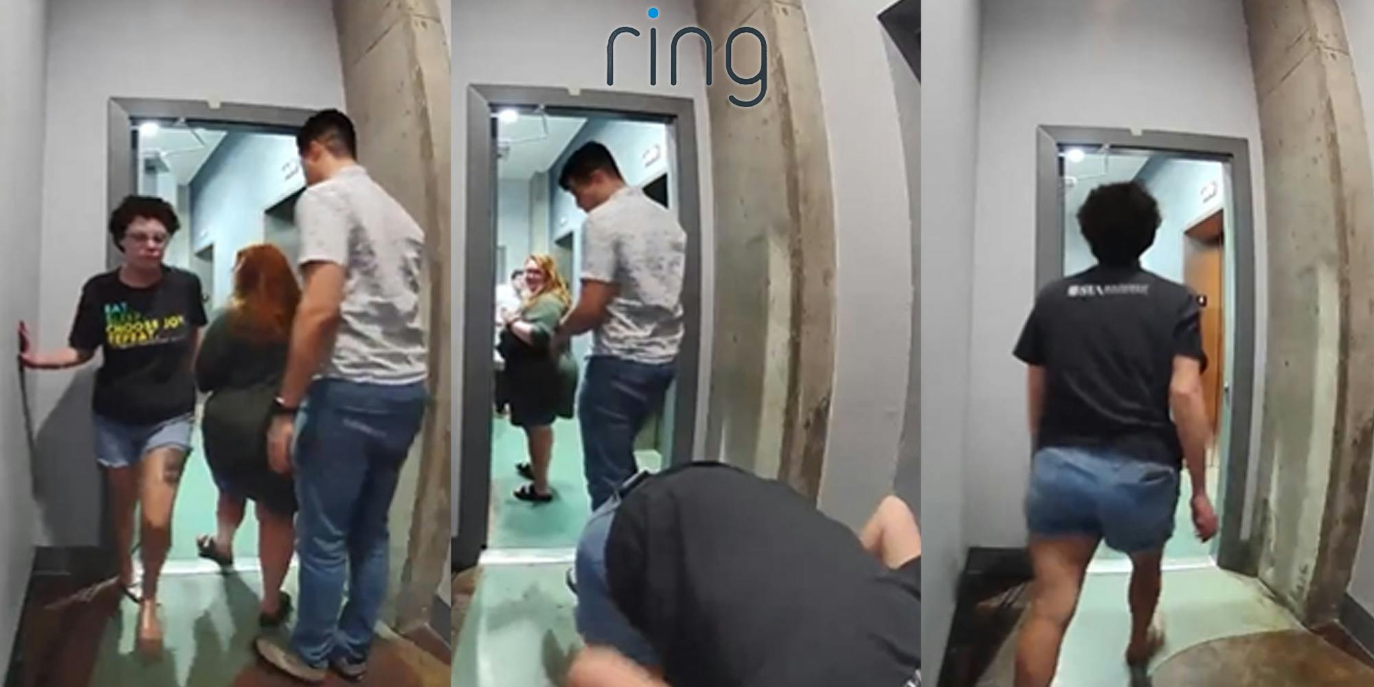 woman walking by people in hallway towards ring camera owners door (l) woman bending over looking at ring camera owner's packages people turned looking at her "ring".com logo centered above (c) woman walking away in hallway after looking at packages (r)