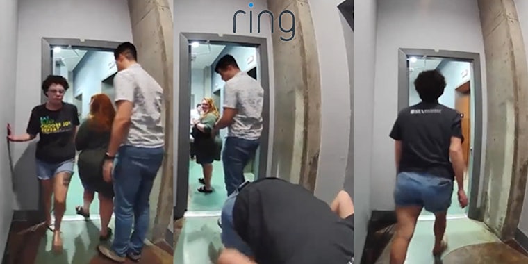 woman walking by people in hallway towards ring camera owners door (l) woman bending over looking at ring camera owner's packages people turned looking at her 'ring'.com logo centered above (c) woman walking away in hallway after looking at packages (r)