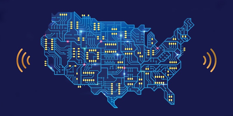 US circut map wifi logos on sides on blue background