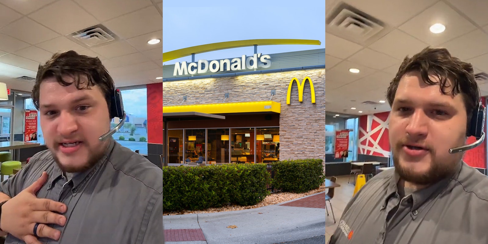 McDonalds worker hand on chest speaking (l) McDonalds building with sign (c) McDonalds worker speaking (r)