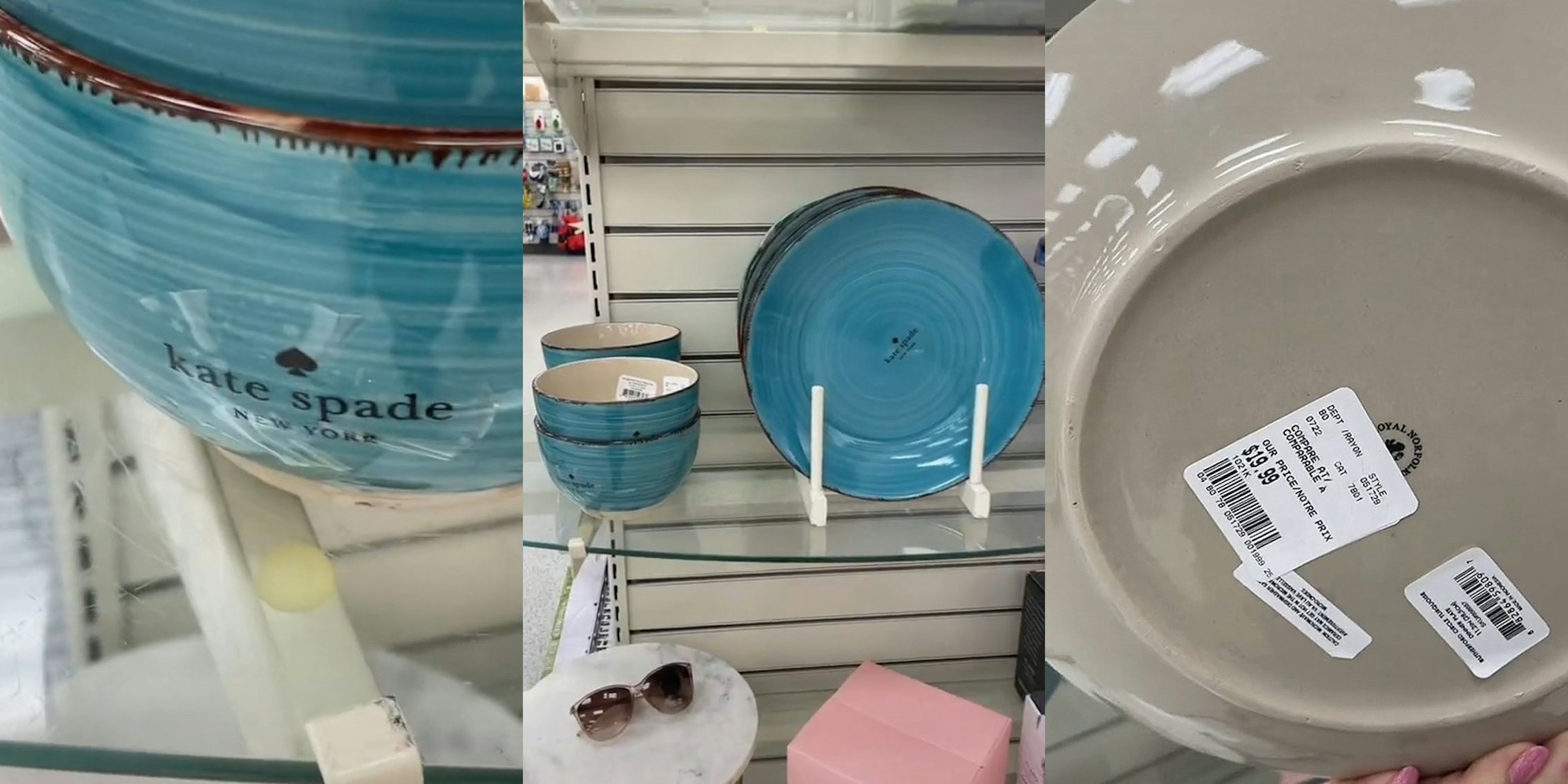 Dollar Tree bowl with Kate Spade sticker on at T.J. Maxx (l) Bowls and plates at T.J. Maxx with Kate Spade stickers on them (c) person holding up back of plate to show '$19.99' price (r)