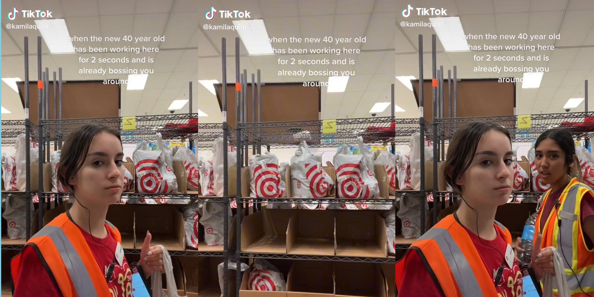 Target Employee standing alone in stock room caption 'when the 40 year old has been working here for 2 seconds and is already bossing you around' (l) Target stock room worker gone caption 'when the 40 year old has been working here for 2 seconds and is already bossing you around' (c) Two Target employees standing in stock room caption 'when the 40 year old has been working here for 2 seconds and is already bossing you around' (r)