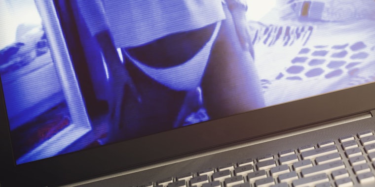 Image showing torso of woman wearing T-shirt and underwear on laptop