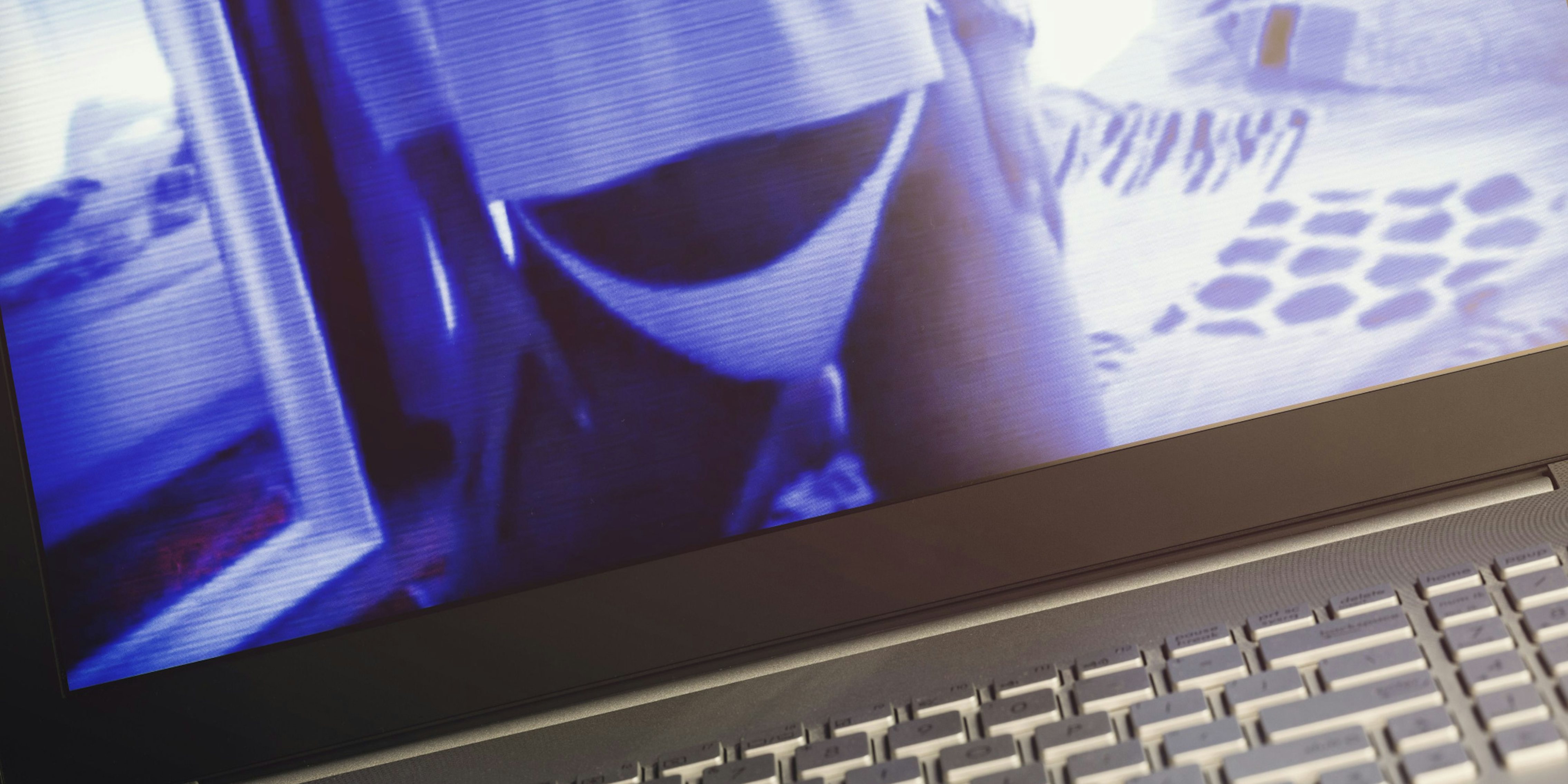 Image showing torso of woman wearing T-shirt and underwear on laptop