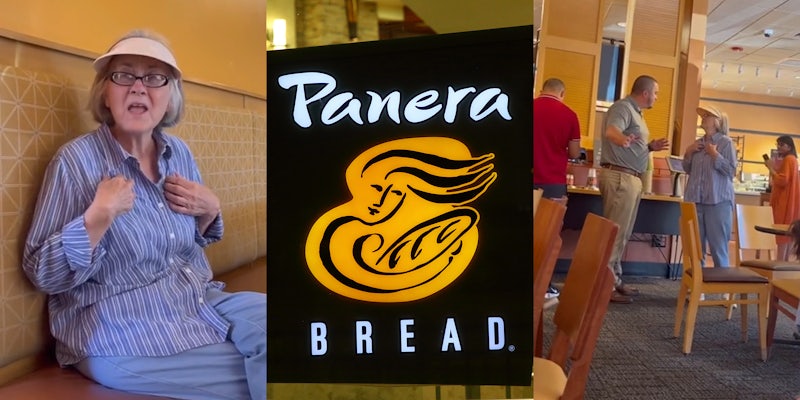 woman in visor sitting on bench (l) Panera bread sign (c) woman in visor arguing with man in restaurant (r)