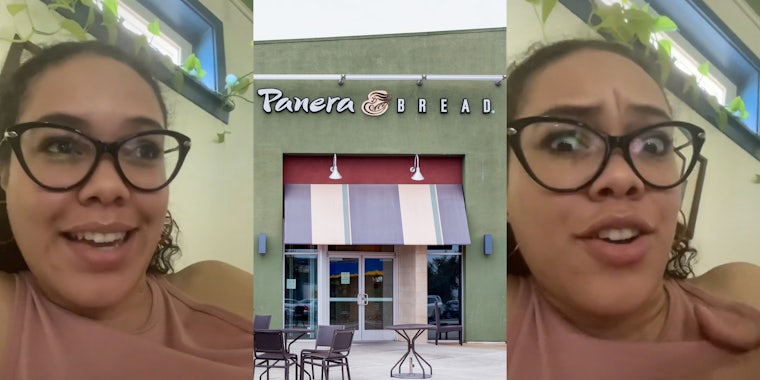 woman speaking (l) Panera Bread restaurant outside with outdoor seating (c) woman shocked expression speaking (r)