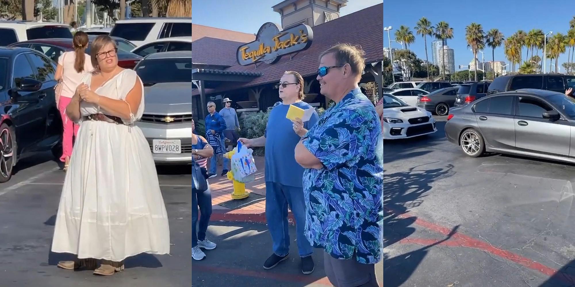 "Karen" standing in parking space refusing to move (l) Crowd speaking to "Karen" (c) cars in a row waiting for "Karen" to move (r)