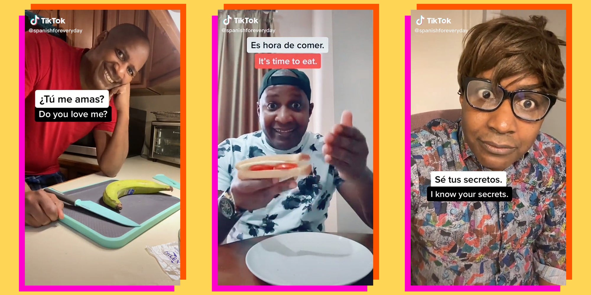 man with spanish to english translations of phrases on tiktok videos (l to r) 'Tu me amas? Do you love me?' man with plantain and cutting board, 'Es hora de comer. It's time to eat.' man with sandwich and plate, 'Se tus secretos. I know your secrets.' man in wig with glasses