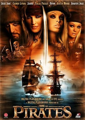 Close up of three women pirates with ship in background on Digital Playground.