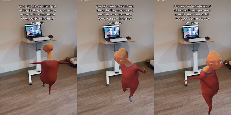 animated man dancing in front of computer workstation with caption 'pov: you are an intern just vibing bc they gave you a wek to do a task which took you 30 minutes to complete'