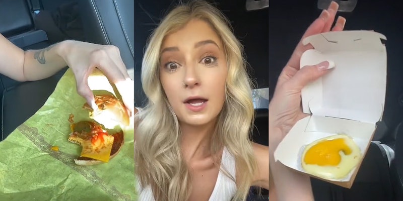 woman hand opening McDonald's cheeseburger with no patty on it (l) woman upset speaking in car (c) woman holding nuggets container with egg in it (r)