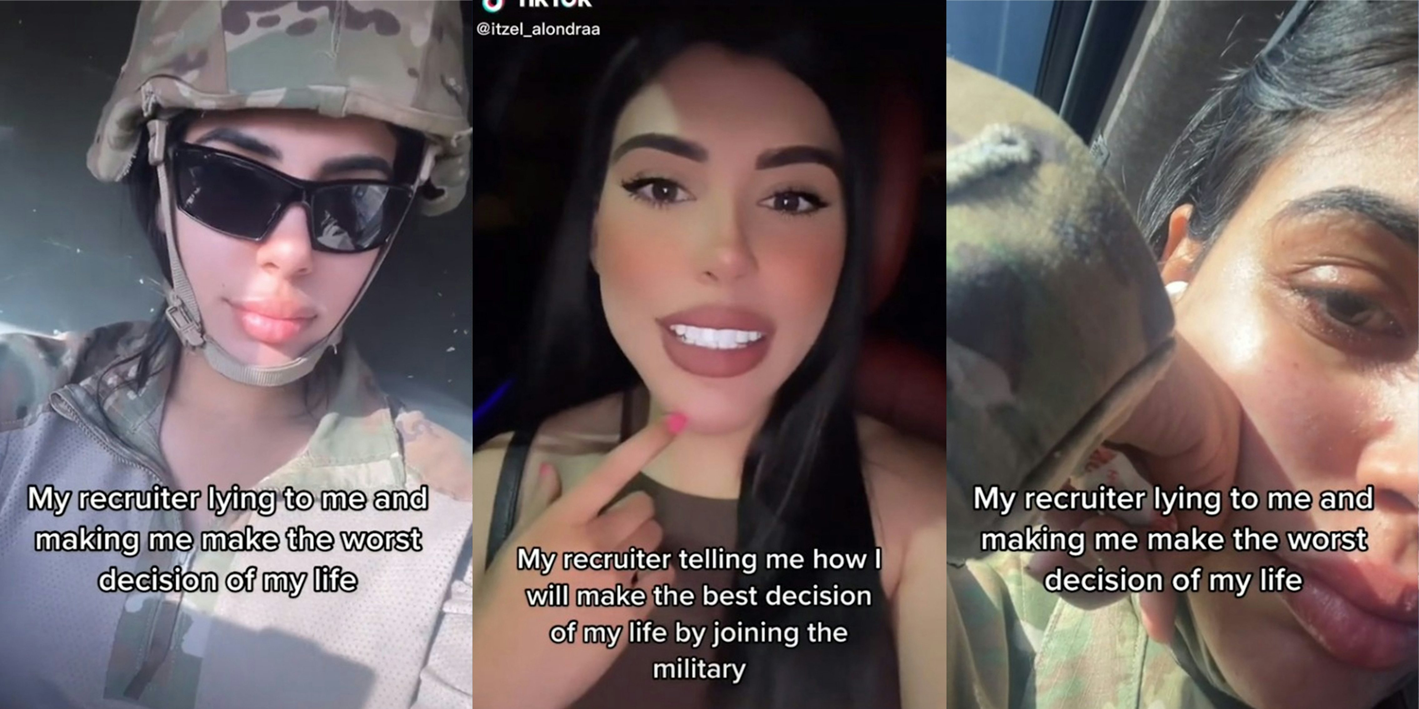 young woman in fatigues and helmet (l) young woman in car (c) young woman in fatigues (r) all with caption 'My recruiter lying to me and making me make the worst decision of my life'