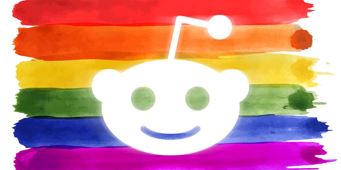 Reddit snoo symbol over rainbow stripes